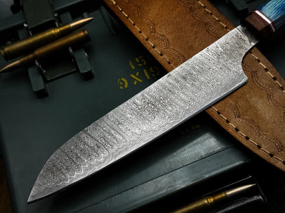 Custom Forged Damascus Kitchen Knife With Wooden Handle And Leather Sheath 3
