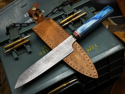 Custom Forged Damascus Kitchen Knife with Wooden Handle and Leather Sheath