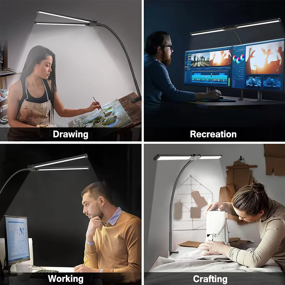 Dimmable Double Head LED Desk Lamp USB Powered PC Monitor Light With Clamp Eye Protection Reading L 4