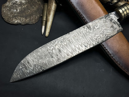Premium Handmade Damascus Steel Cooking Knife With Wood Grip  Cowhide Sheath 2