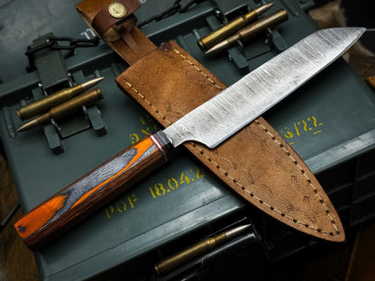 Exquisite Damascus Steel Kitchen Knife With Polished Wood Handle  Leather Cover 1