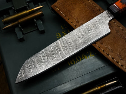 Exquisite Damascus Steel Kitchen Knife With Polished Wood Handle  Leather Cover 3