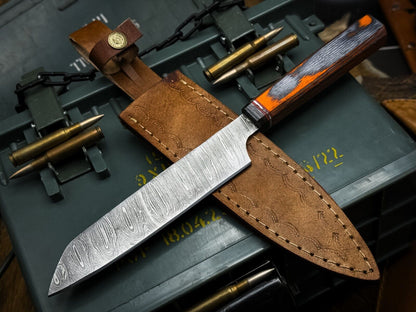 Exquisite Damascus Steel Kitchen Knife with Polished Wood Handle & Leather Cover