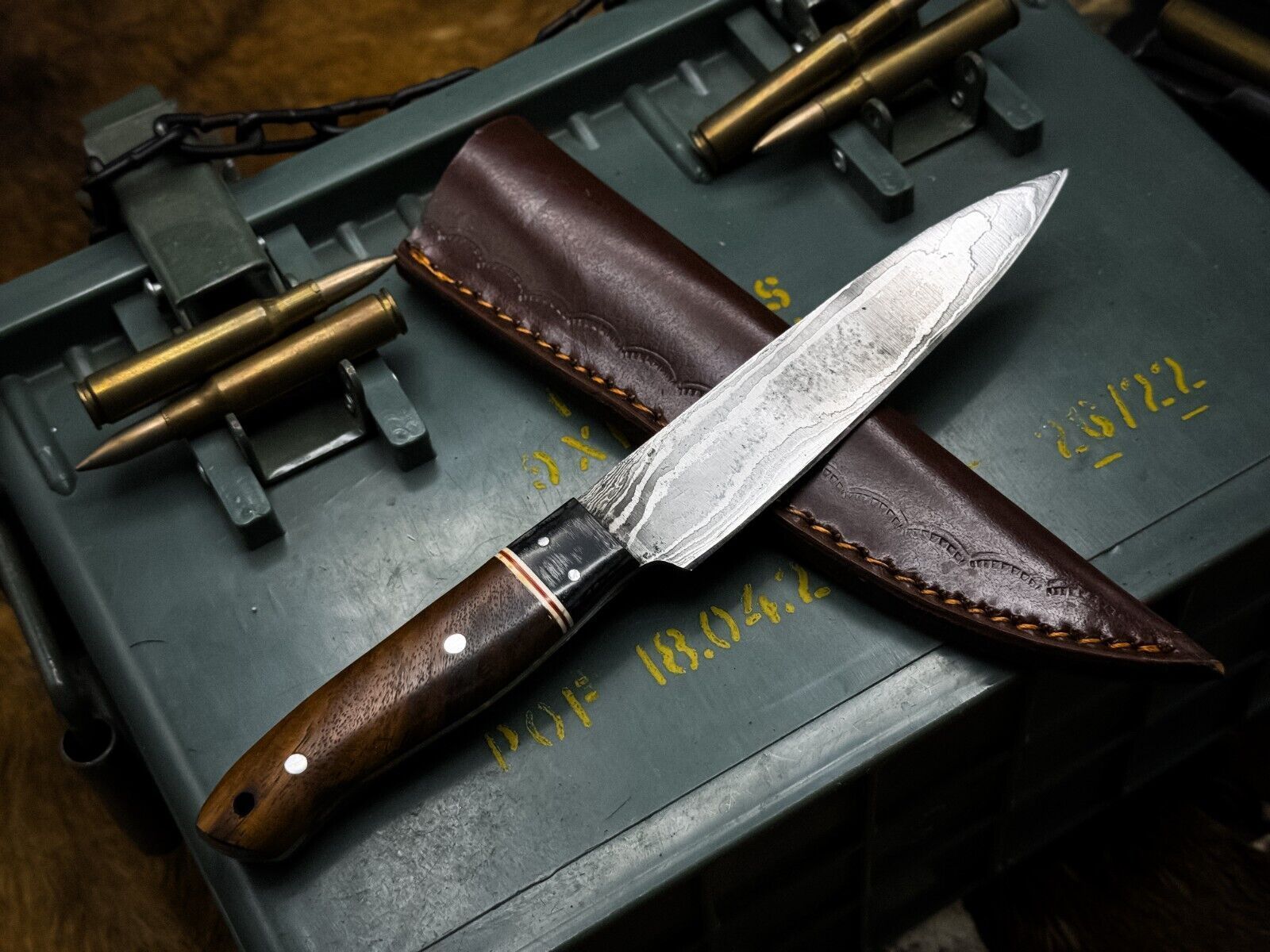 Custom Handmade Damascus Chef Knife With Wood Handle  Cow Leather Case 1