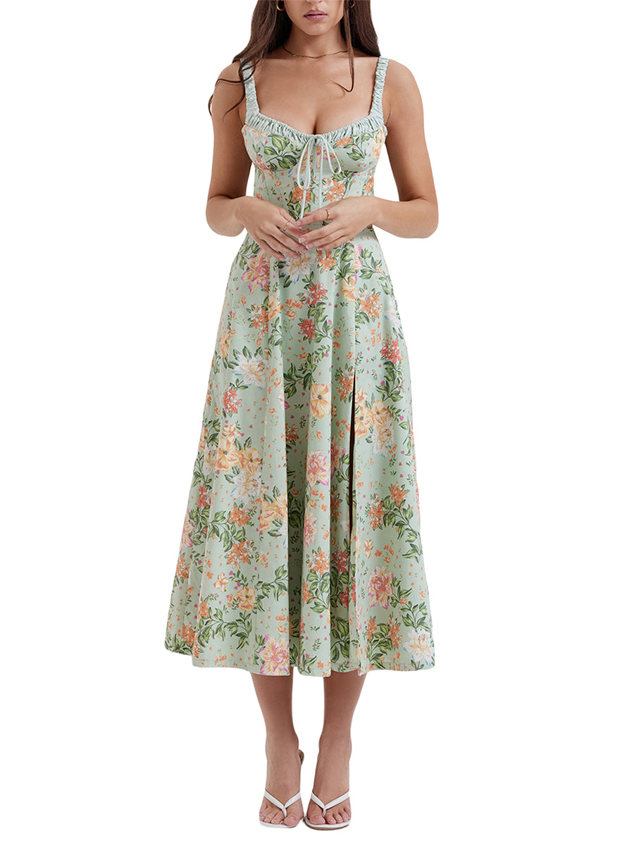 Women Summer Casual Midi Dress, Floral Print Sling Dress, Fashion Backless and Sleeveless Design