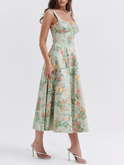 Women Summer Casual Midi Dress Floral Print Sling Dress Fashion Backless And Sleeveless Design 4