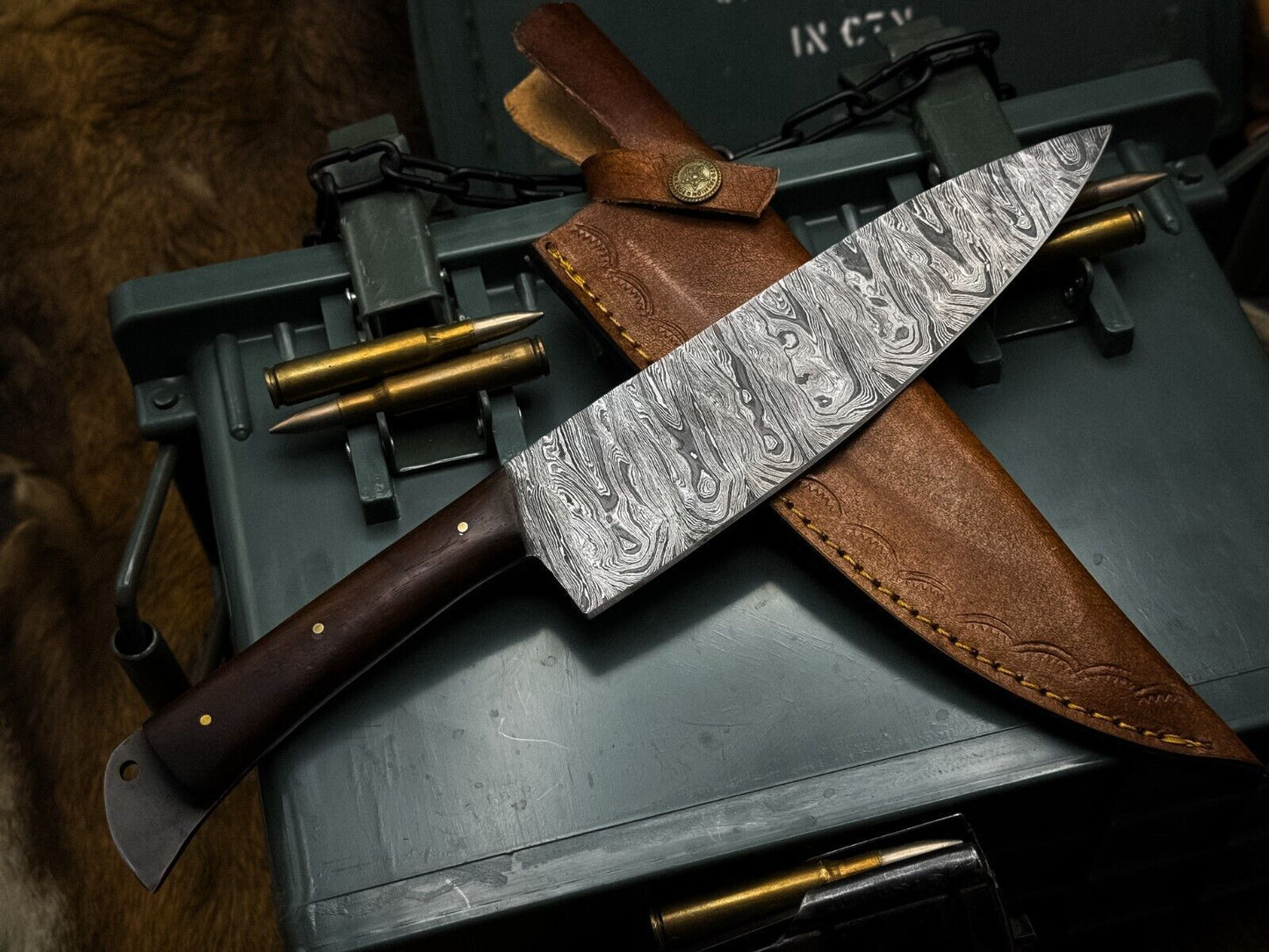 Damascus Steel Full Tang Kitchen Knife With Wooden Handle  Leather Sheath 1
