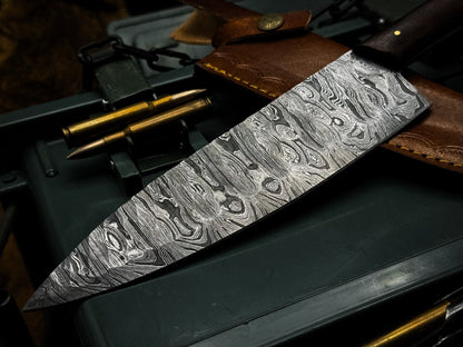 Damascus Steel Full Tang Kitchen Knife With Wooden Handle  Leather Sheath 3