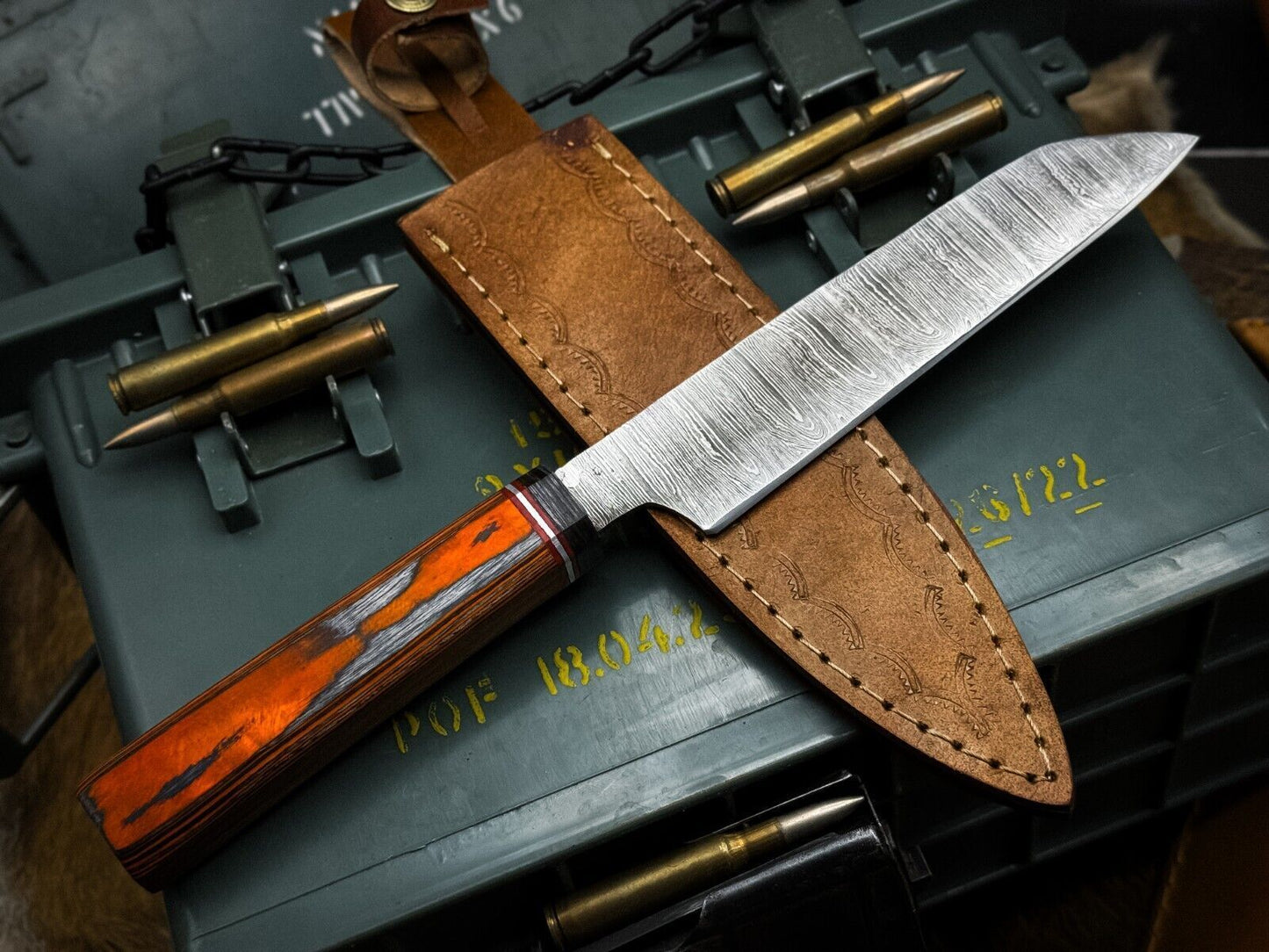 Professional Handmade Damascus Chef Knife With Wood Handle  Cowhide Sheath 1