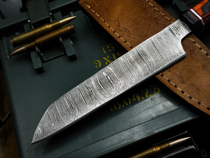 Professional Handmade Damascus Chef Knife With Wood Handle  Cowhide Sheath 3