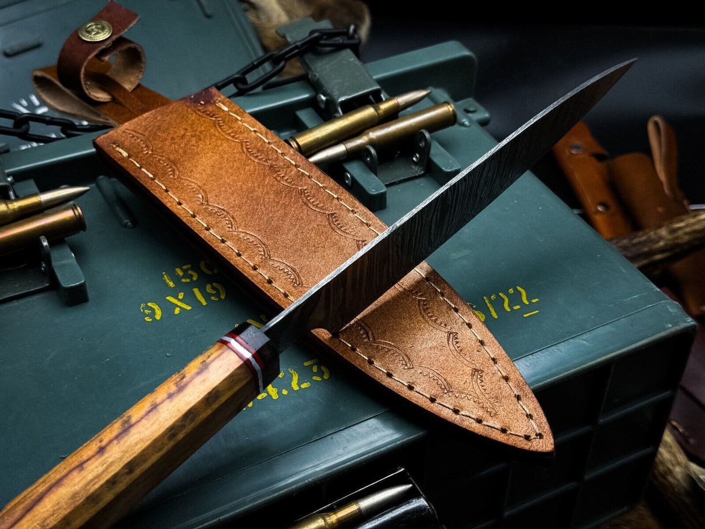 Artisan Damascus Steel Knife  Wooden Handle With Original Cow Leather Sheath 4