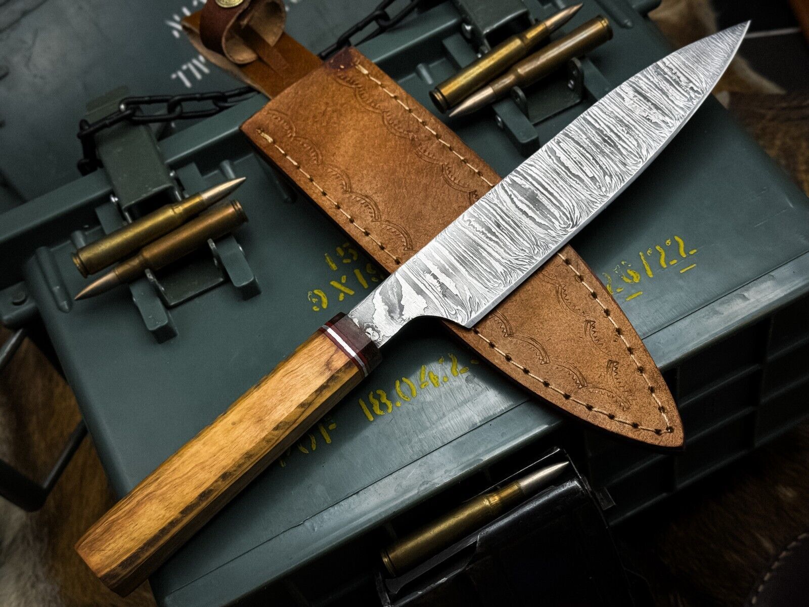 Artisan Damascus Steel Knife  Wooden Handle With Original Cow Leather Sheath 1
