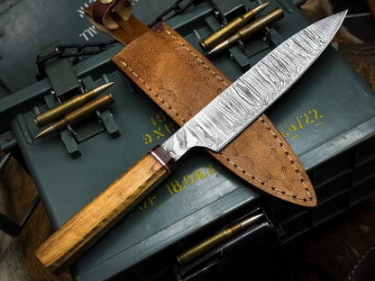 Artisan Damascus Steel Knife  Wooden Handle With Original Cow Leather Sheath 1