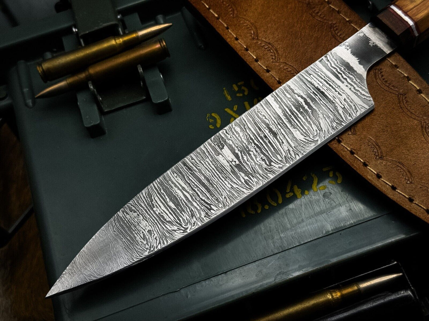 Artisan Damascus Steel Knife  Wooden Handle With Original Cow Leather Sheath 3