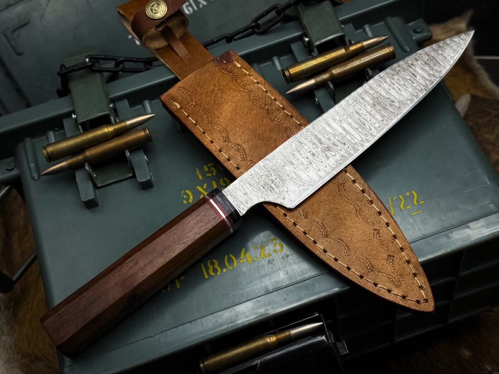 HandForged Damascus Steel Chef Knife With Wooden Handle  Leather Protector 1