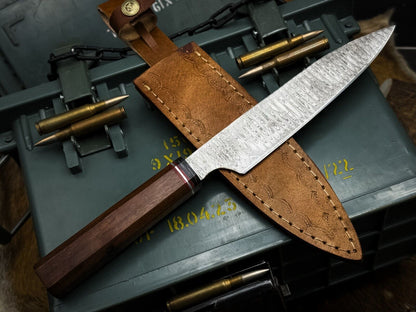 HandForged Damascus Steel Chef Knife With Wooden Handle  Leather Protector 1
