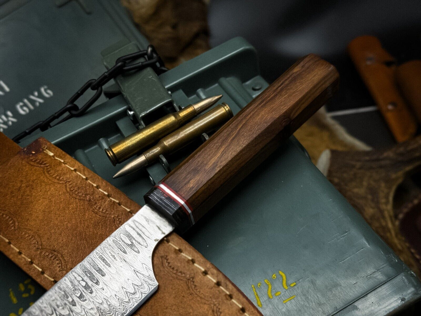 HandForged Damascus Steel Chef Knife With Wooden Handle  Leather Protector 2