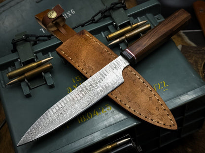 Hand-Forged Damascus Steel Chef Knife with Wooden Handle & Leather Protector