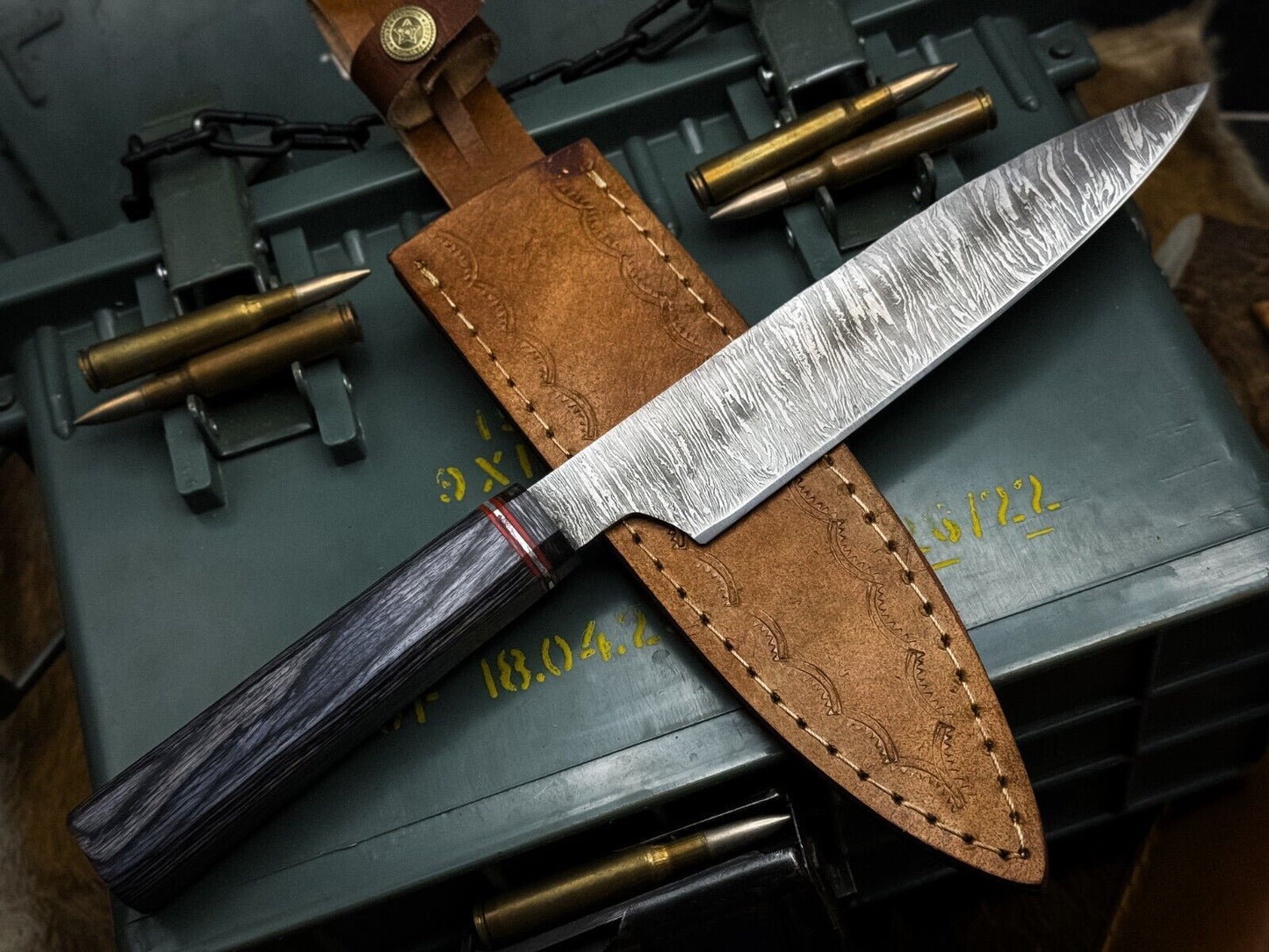 Custom Handmade Damascus Cooking Knife  Wooden Handle  Leather Sheath 1