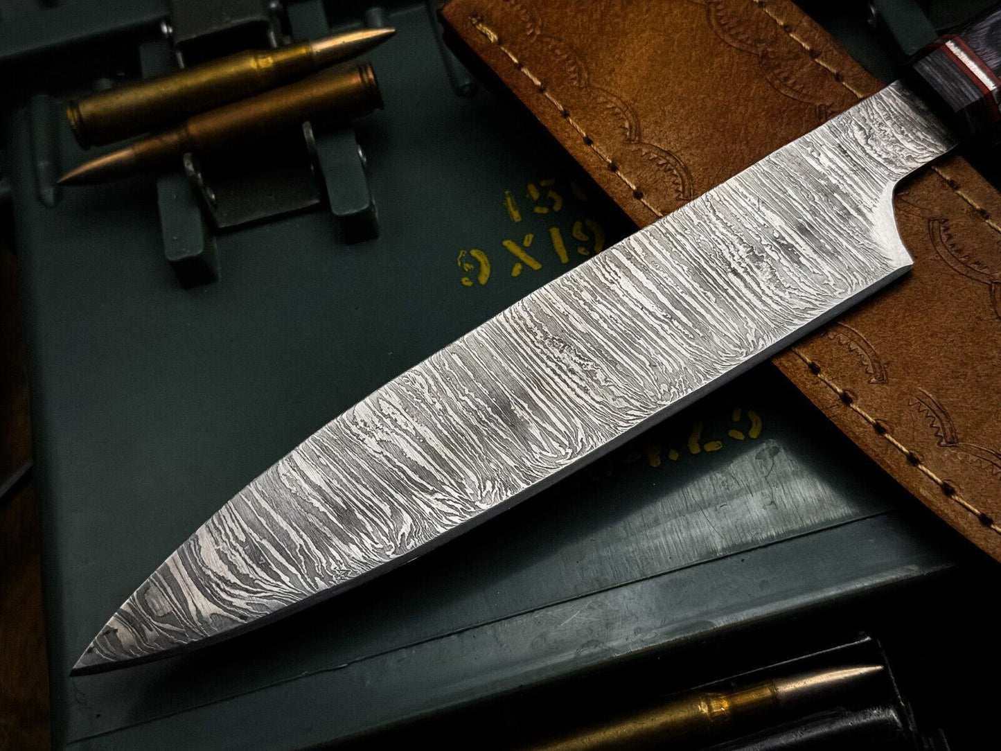 Custom Handmade Damascus Cooking Knife  Wooden Handle  Leather Sheath 3
