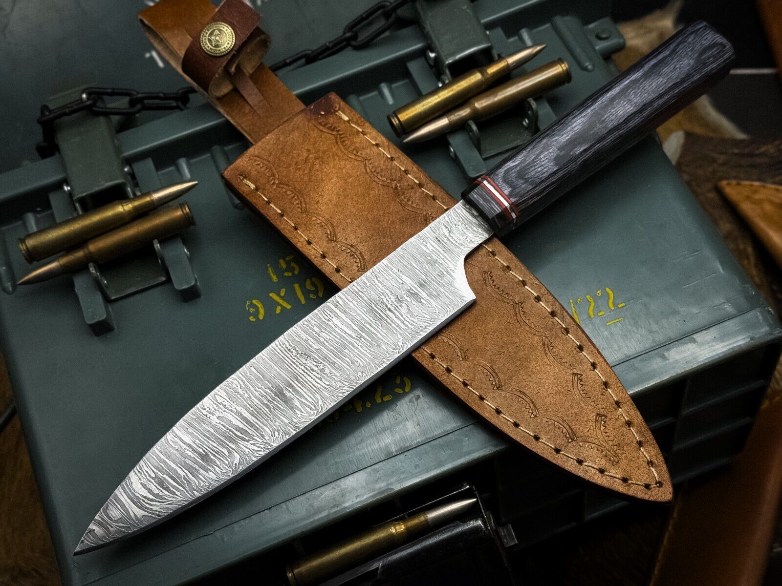 Custom Handmade Damascus Cooking Knife – Wooden Handle & Leather Sheath