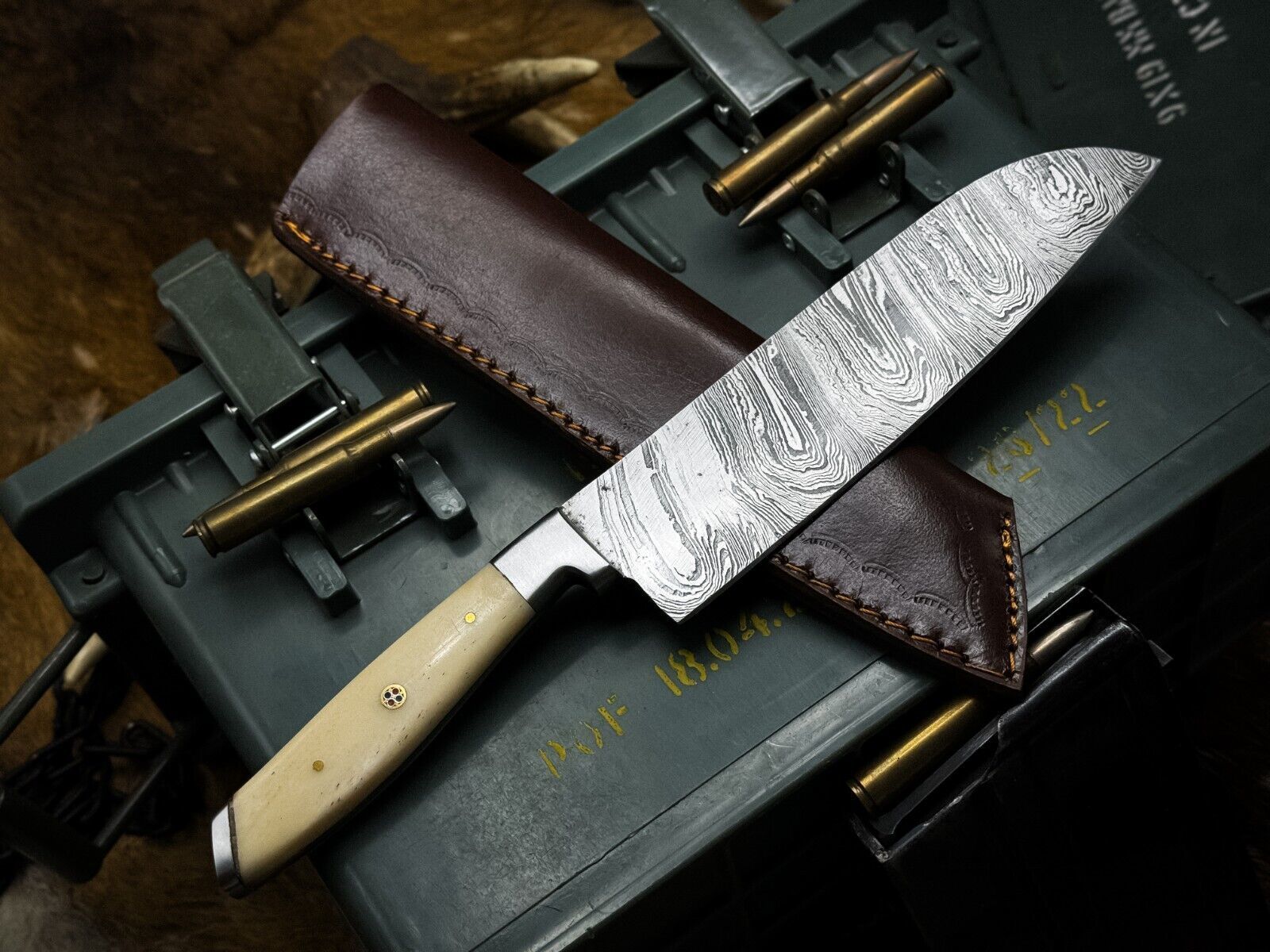 Handmade Damascus Steel Hunting  Kitchen Chef Knife With Bone Handle And Leather Sheath 1