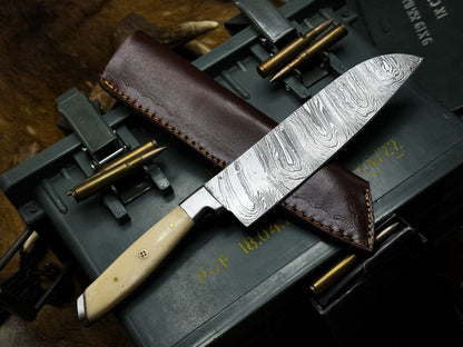 Handmade Damascus Steel Hunting  Kitchen Chef Knife With Bone Handle And Leather Sheath 1