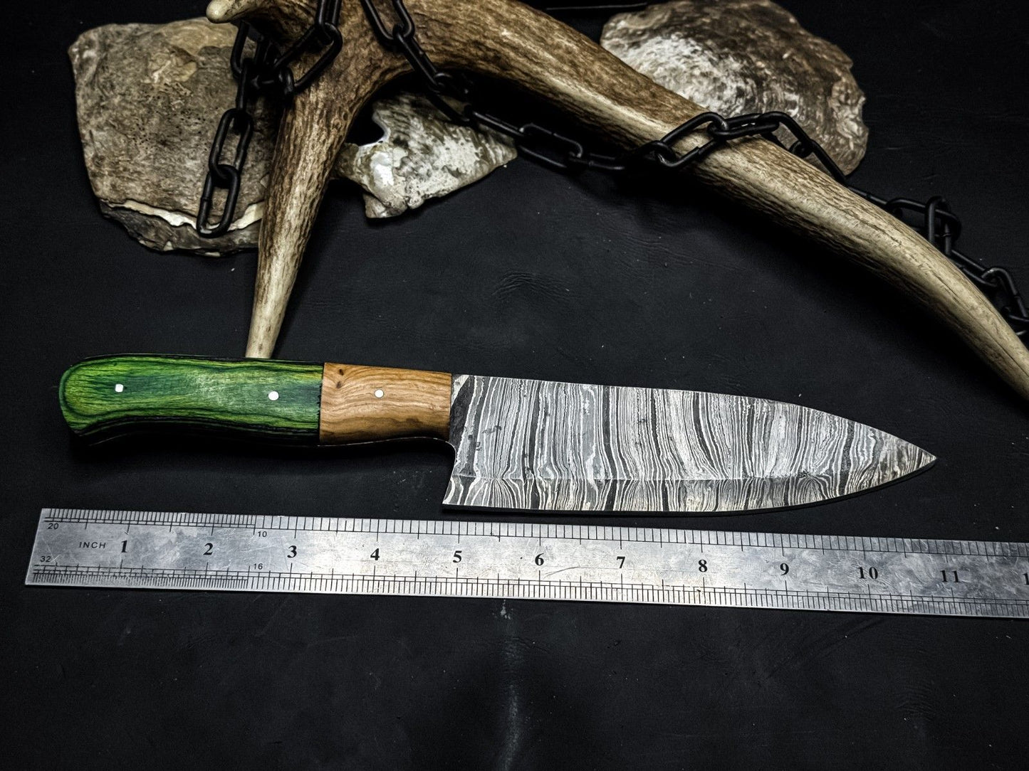 HandForged Damascus Chef Knife With Wooden Handle  Original Leather Sheath 1