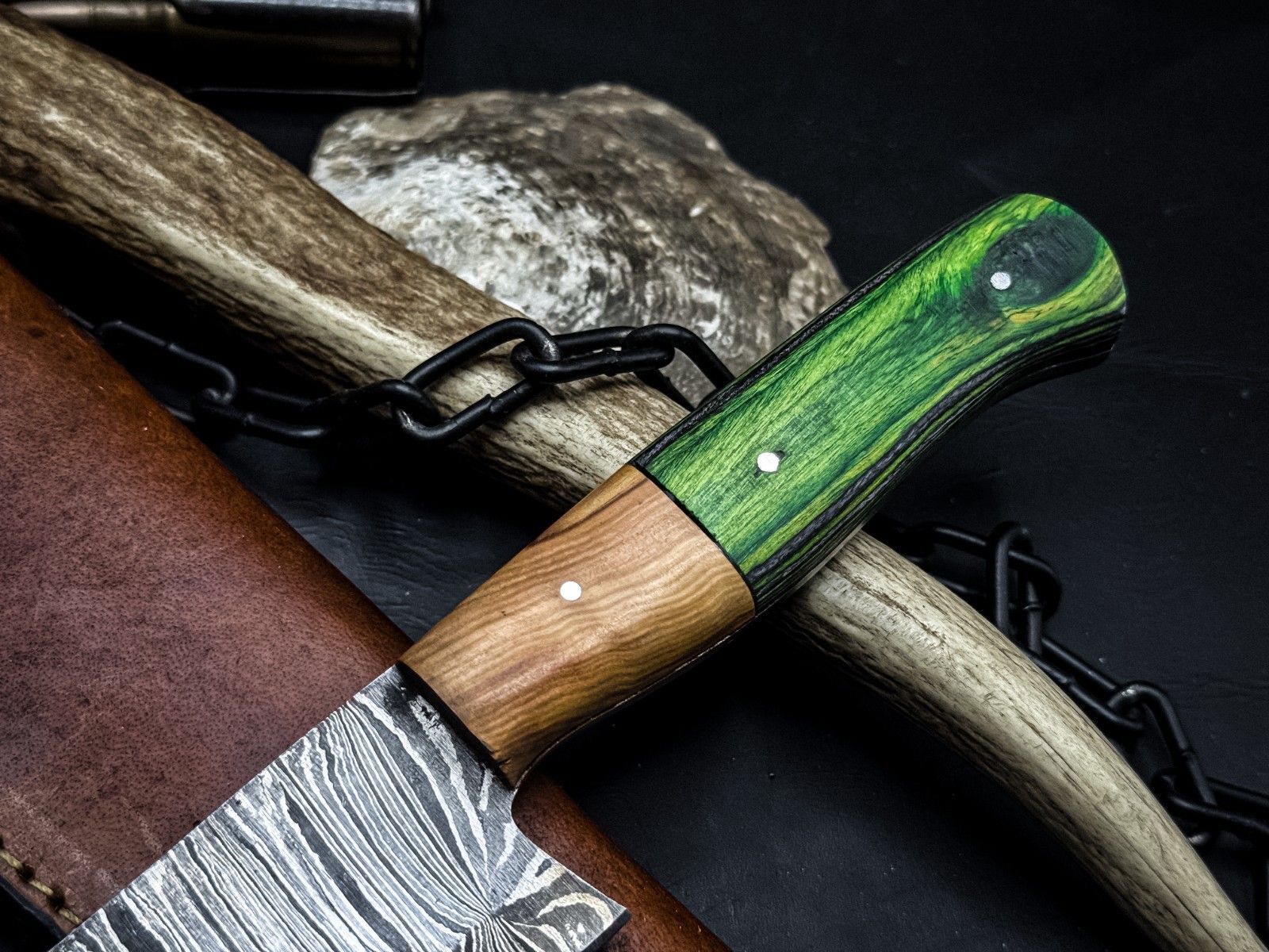 HandForged Damascus Chef Knife With Wooden Handle  Original Leather Sheath 2