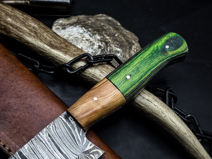 HandForged Damascus Chef Knife With Wooden Handle  Original Leather Sheath 2