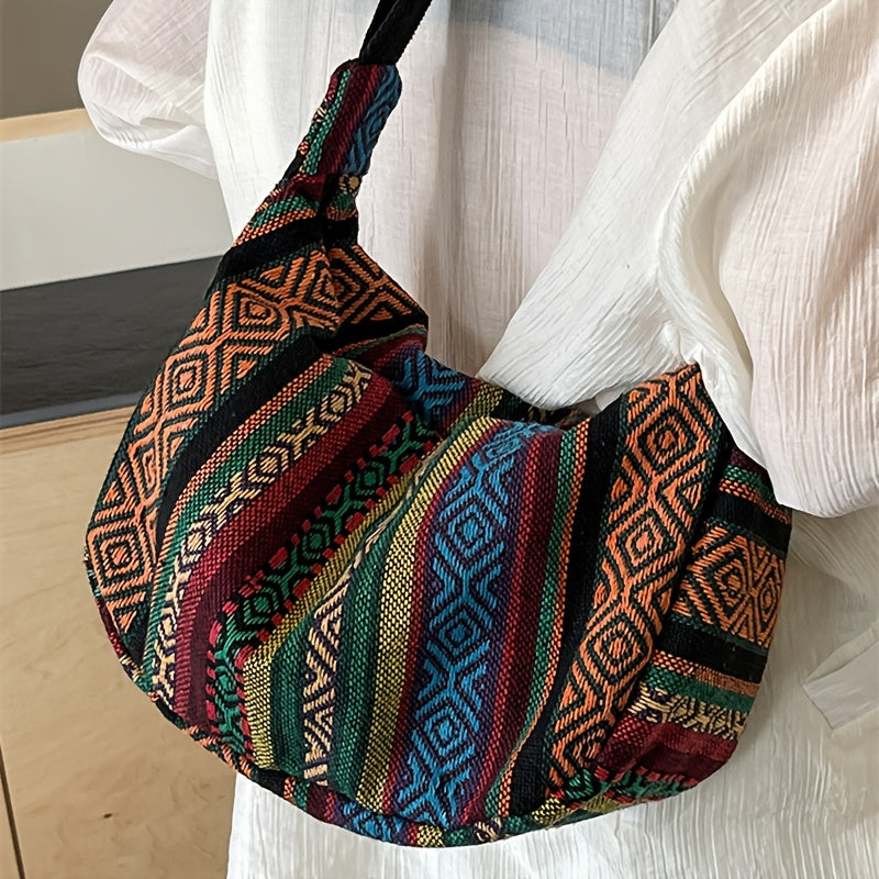 Foldable Crossbody with Zipper Closure, Tribal Style Shoulder Bag, Flag Theme, Striped Pattern, Hand Washable