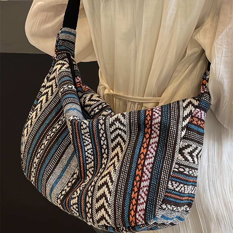 Foldable Crossbody With Zipper Closure Tribal Style Shoulder Bag Flag Theme Striped Pattern Hand Wa 1