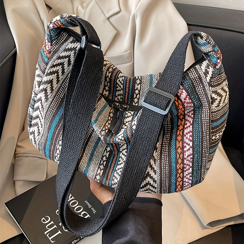 Foldable Crossbody With Zipper Closure Tribal Style Shoulder Bag Flag Theme Striped Pattern Hand Wa 2