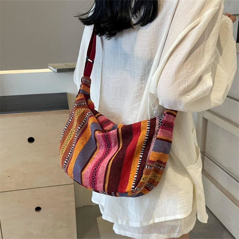 Foldable Crossbody With Zipper Closure Tribal Style Shoulder Bag Flag Theme Striped Pattern Hand Wa 9