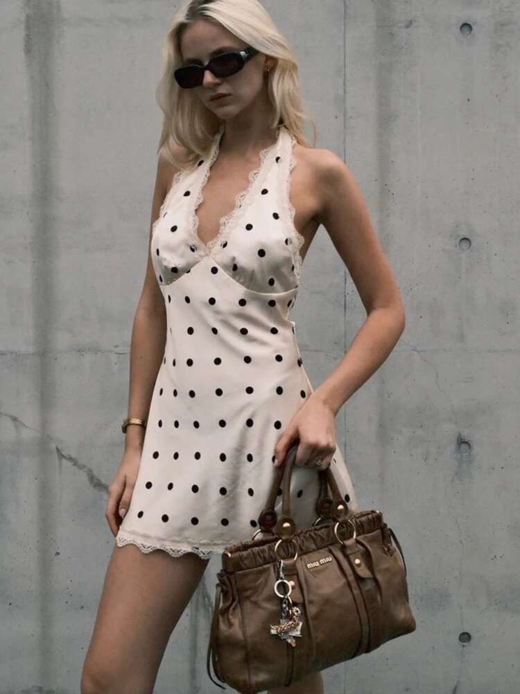 Womens White Polka Dot Dress, Sexy Deep V Neck Halter, Lace Print, Summer Party Clubwear, Slim Casual