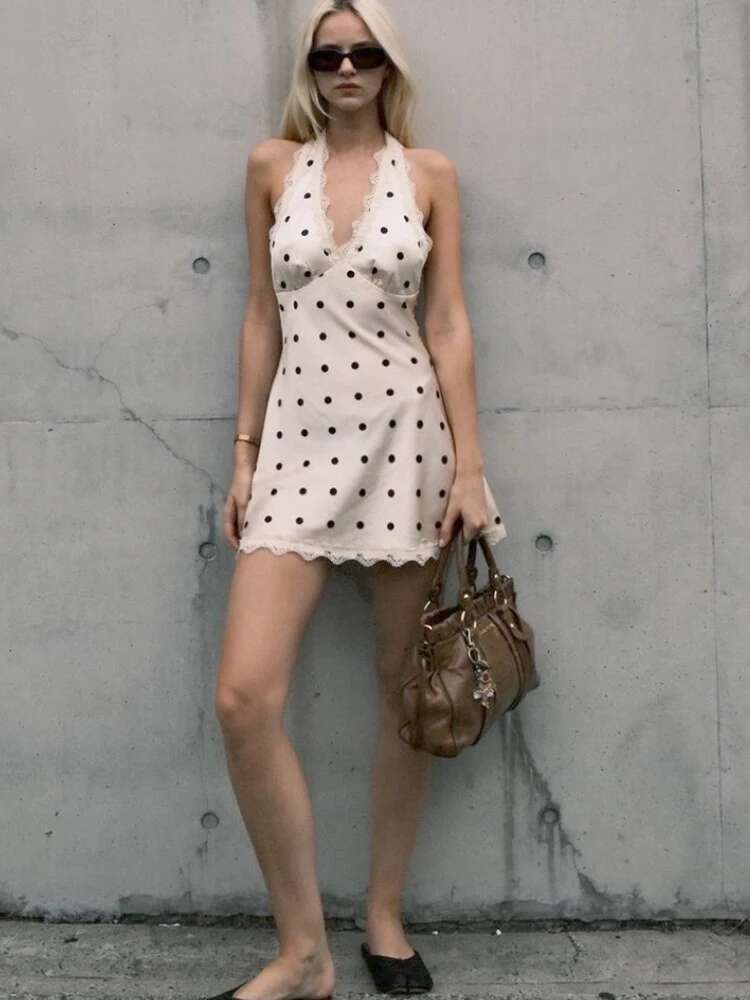 Womens White Polka Dot Dress, Sexy Deep V Neck Halter, Lace Print, Summer Party Clubwear, Slim Casual