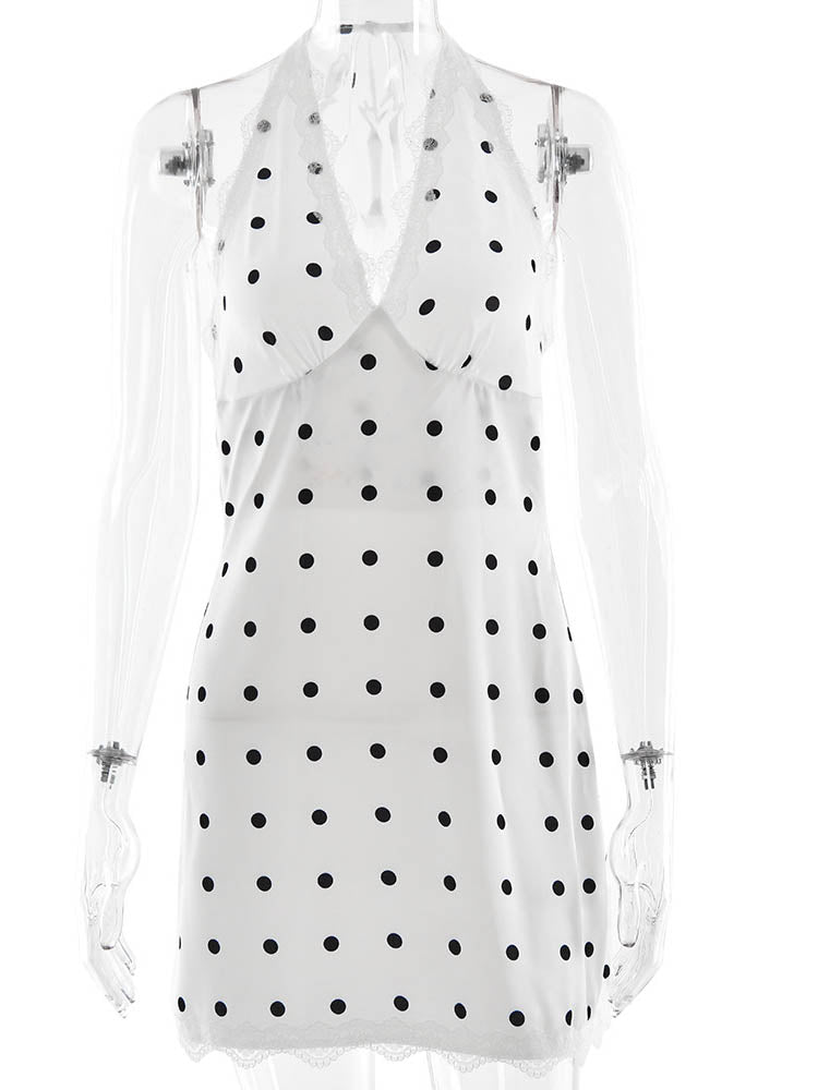 Womens White Polka Dot Dress, Sexy Deep V Neck Halter, Lace Print, Summer Party Clubwear, Slim Casual