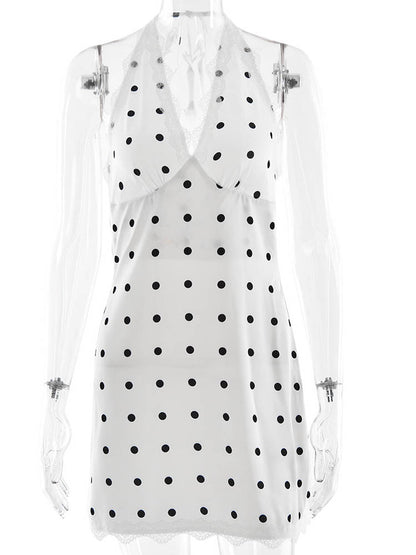 Womens White Polka Dot Dress, Sexy Deep V Neck Halter, Lace Print, Summer Party Clubwear, Slim Casual