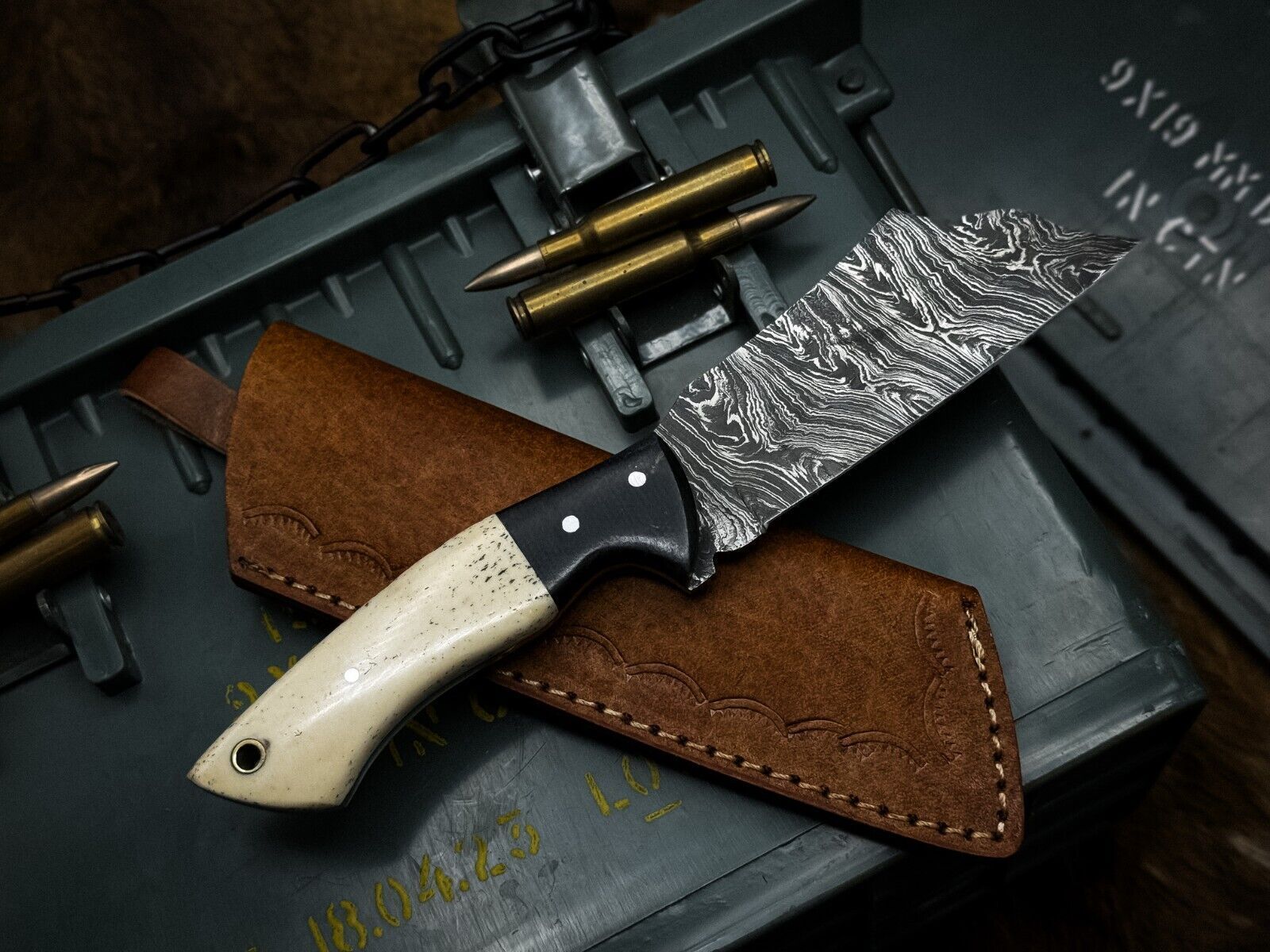 Premium Handmade Damascus Chef Knife With Bone Handle And Leather Cover 1