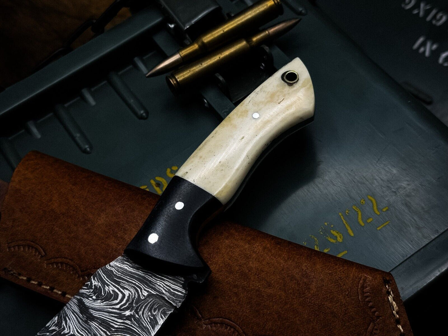 Premium Handmade Damascus Chef Knife With Bone Handle And Leather Cover 2