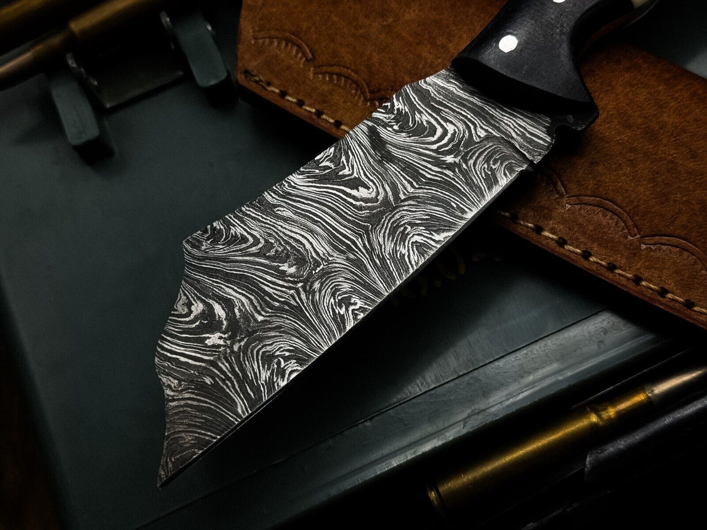 Premium Handmade Damascus Chef Knife With Bone Handle And Leather Cover 3