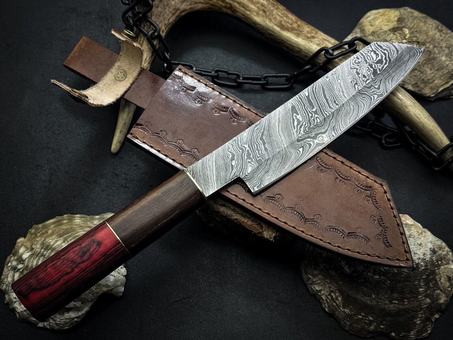 Unique HandForged Damascus Chef Knife With Natural Wood Handle  Leather Sheath 3