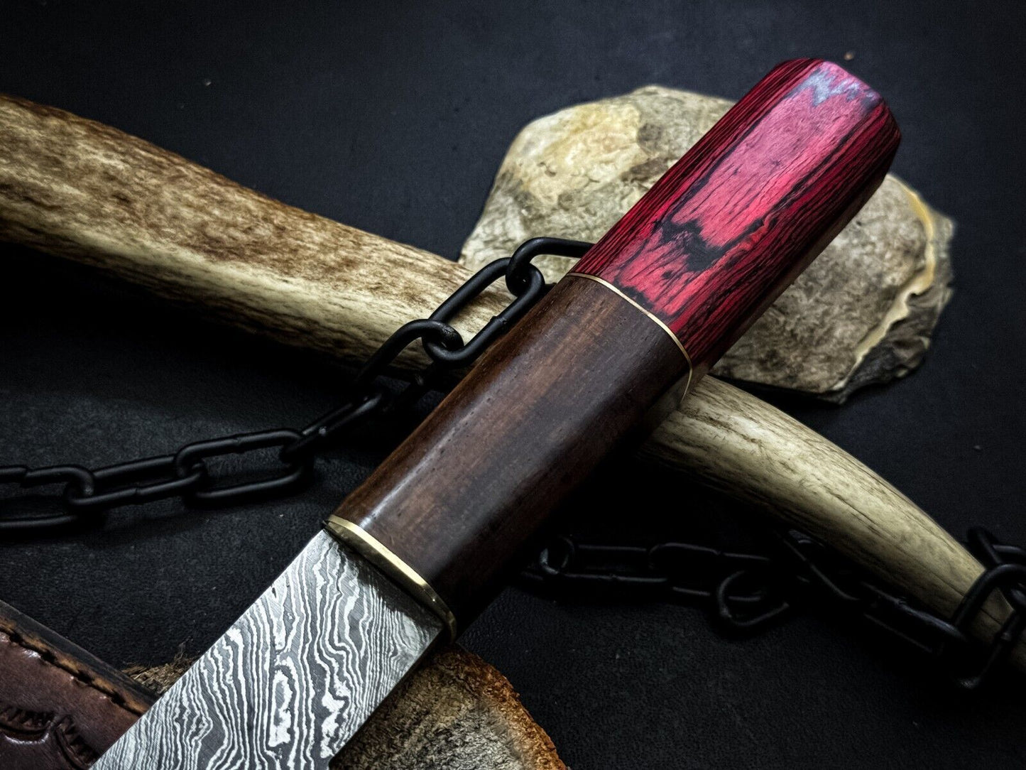 Unique HandForged Damascus Chef Knife With Natural Wood Handle  Leather Sheath 1