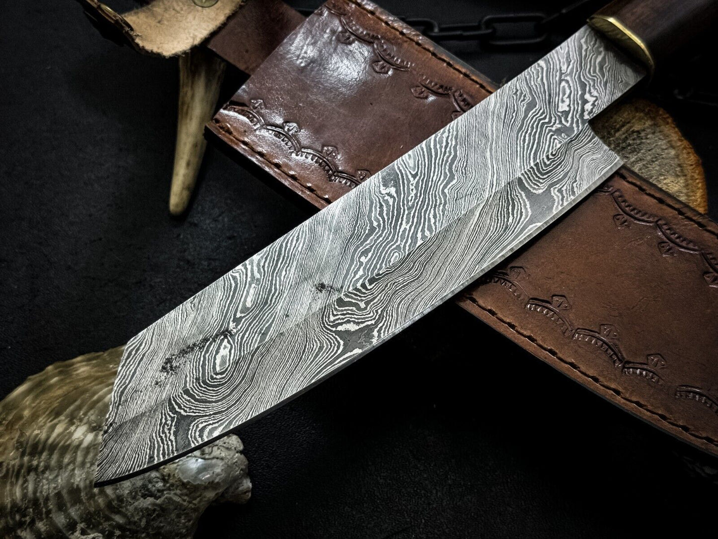Unique HandForged Damascus Chef Knife With Natural Wood Handle  Leather Sheath 2