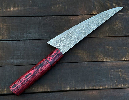 Custom Damascus Steel Chef Knife With Hardwood Handle  Leather Sheath 1