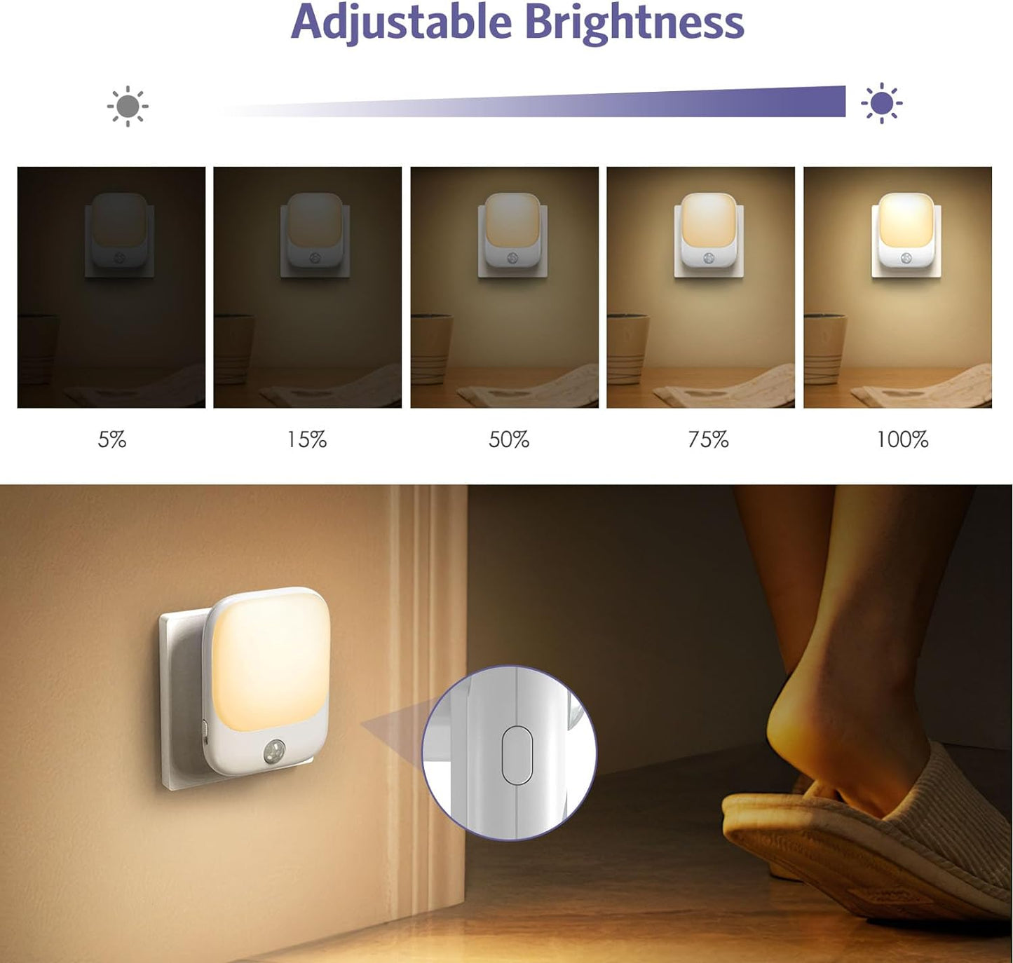 LED Motion Sensor Night Light, Plug in Dimmable Kids Bedroom Lamp, with Auto Dusk to Dawn and Wireless Cabinet Lighting
