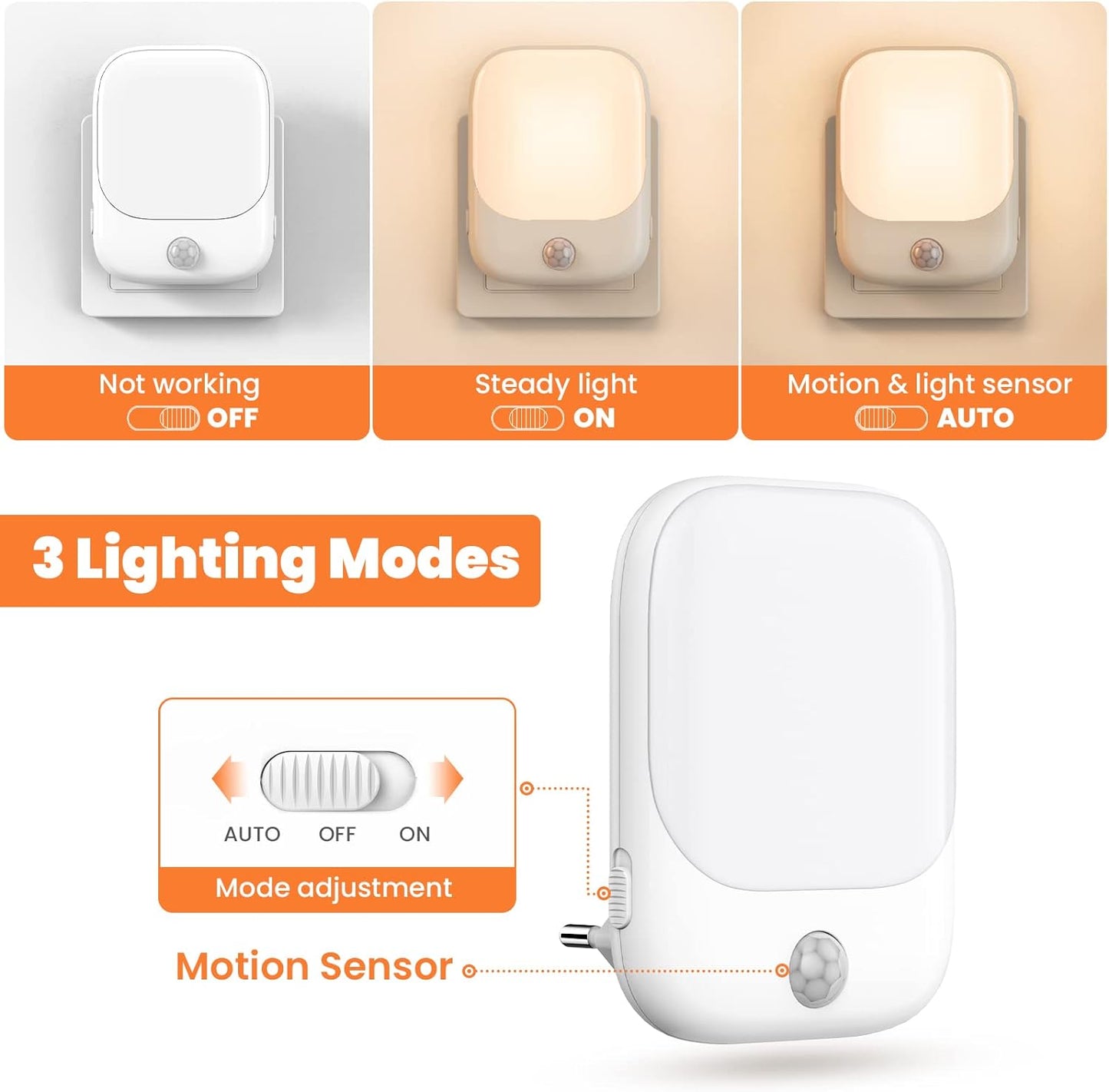 LED Motion Sensor Night Light, Plug in Dimmable Kids Bedroom Lamp, with Auto Dusk to Dawn and Wireless Cabinet Lighting