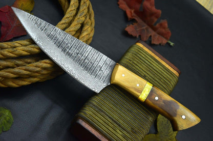 Professional Damascus Steel Knife  Wood Handle  Handcrafted Leather Sheath 1