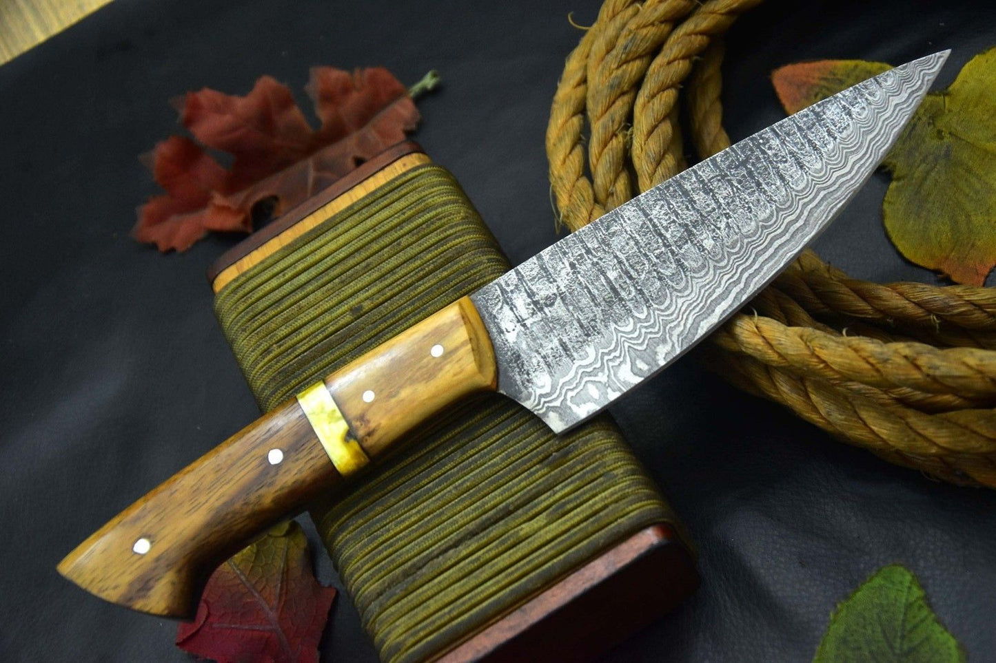 Professional Damascus Steel Knife  Wood Handle  Handcrafted Leather Sheath 2