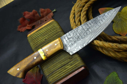 Professional Damascus Steel Knife  Wood Handle  Handcrafted Leather Sheath 2